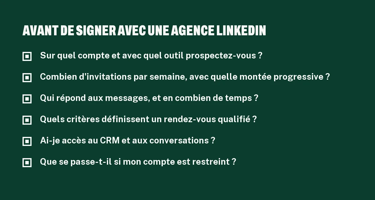 Checklist pour choisir une agence de prospection LinkedIn : compte utilisé, limites d'envoi, données, rendez-vous qualifié