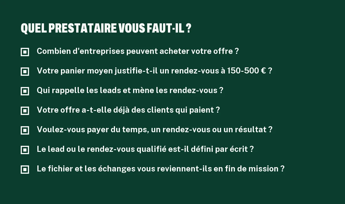 Checklist pour choisir entre agence de génération de leads B2B, agence de prospection, téléprospection, growth et SDR