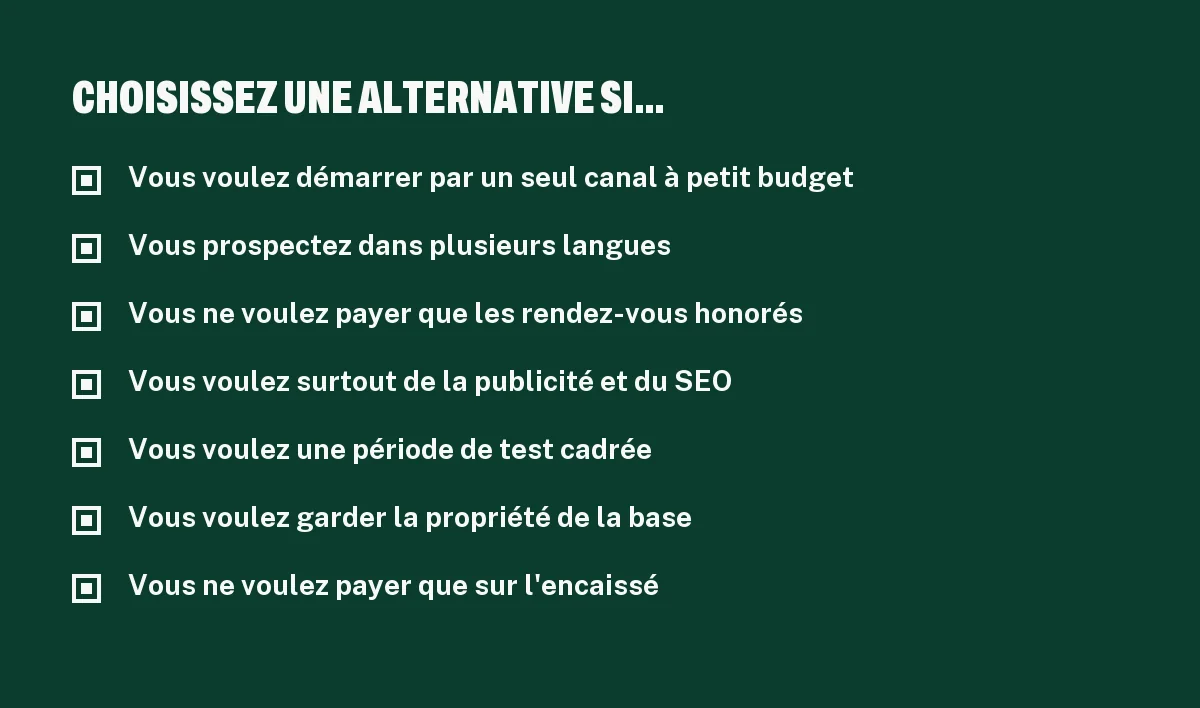 Liste des situations où une alternative à Lalaleads est plus adaptée : budget, langues, publicité, encaissé