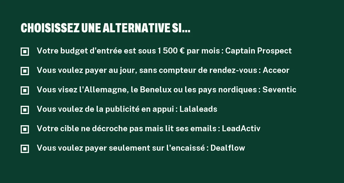 Checklist des situations où une alternative à Oliverlist convient mieux : budget, canal, langues, publicité, paiement à l'encaissement