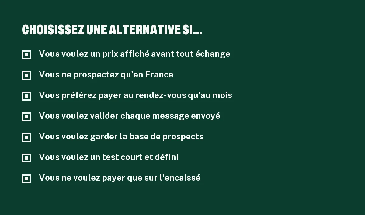 Liste des situations où une alternative à Seventic est plus adaptée : prix public, rendez-vous, contrôle, test