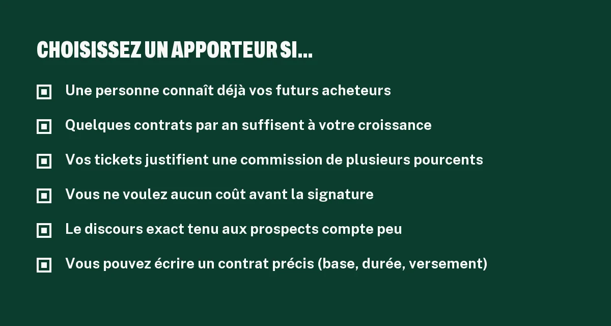 Checklist pour savoir quand choisir un apporteur d'affaires plutôt qu'une agence de prospection B2B
