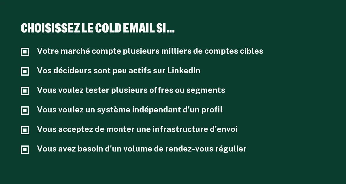 Checklist pour choisir le cold email plutôt que LinkedIn en prospection B2B selon la cible et le volume