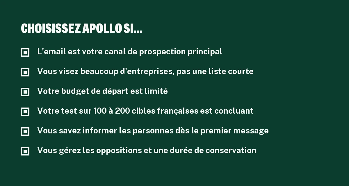 Checklist pour choisir Apollo.io plutôt que Sales Navigator pour trouver des prospects B2B en France